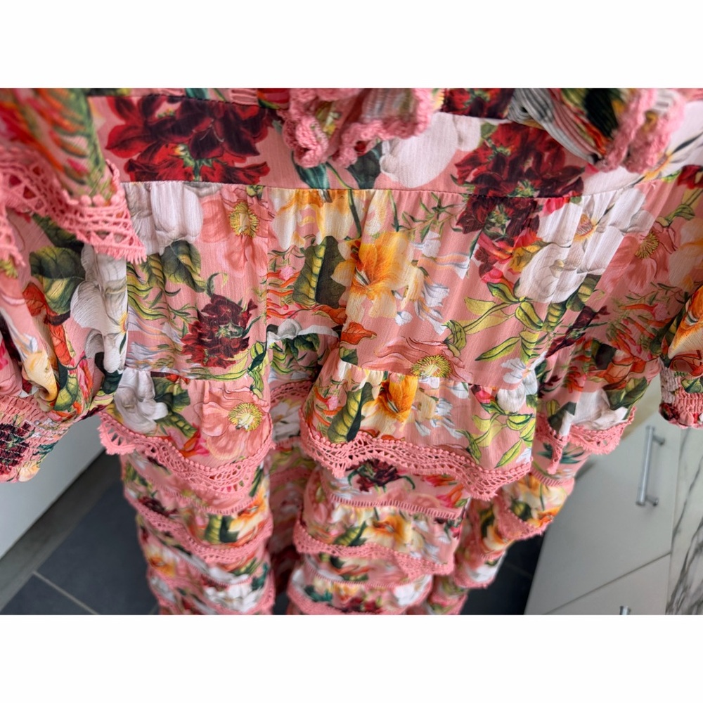 Alice + Olivia Brooke High Neck Maxi Dress Juniper Floral Rose Pink Lace Trim 0 - Picture 10 of 16